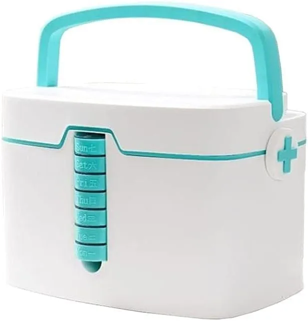First Aid Kit Medical Box with 7 Pill Boxes, Portable Plastic Storage Box, Household First Aid Kit with Double-Layer Compartments
