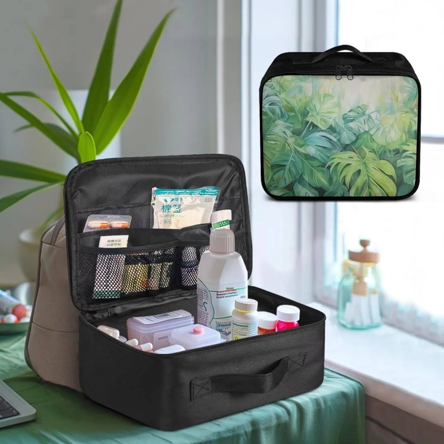 First Aid Kit Organizer Bag Empty Green Leaves Emergency Medical Bag Travel Size First Aid Pouch Storage Medical Supplies Organizer Bag for Car Home Office Kitchen Sport Outdoor