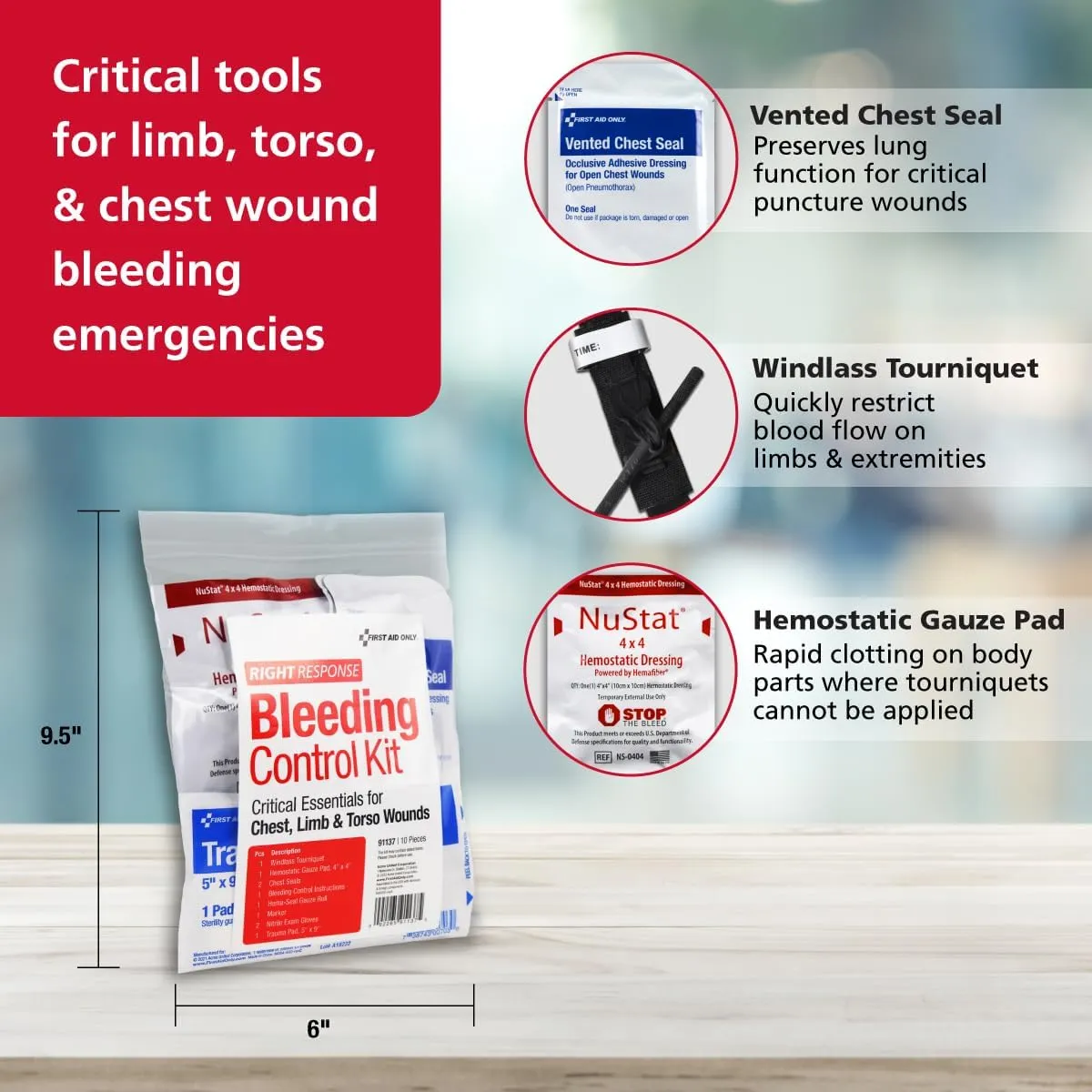 First Aid Only 91137 Critical Essentials Bleeding Control Kit for Chest, Limb & Torso Wounds, 10 Pieces