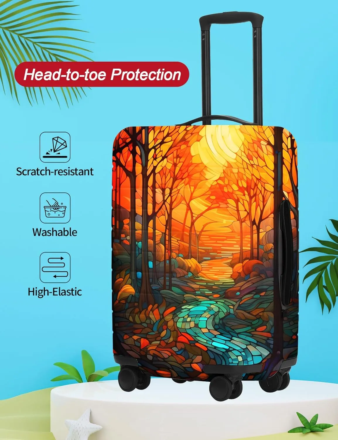 FIRST WAY Luggage Cover Protector - Anti-Scratch Suitcase Cover for Travel - Protects Against Dirt and Wear, Fits 18"-22" Luggage Stained Glass Fall