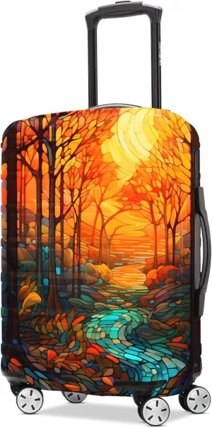 FIRST WAY Luggage Cover Protector - Anti-Scratch Suitcase Cover for Travel - Protects Against Dirt and Wear, Fits 18"-22" Luggage Stained Glass Fall