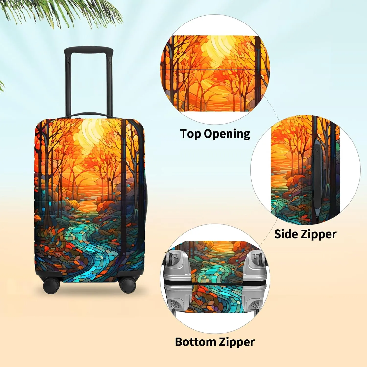 FIRST WAY Luggage Cover Protector - Anti-Scratch Suitcase Cover for Travel - Protects Against Dirt and Wear, Fits 18"-22" Luggage Stained Glass Fall