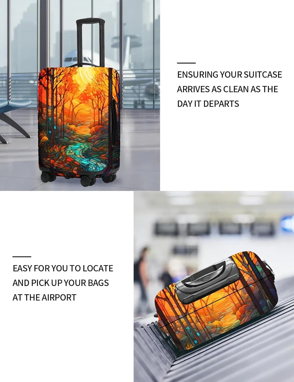 FIRST WAY Luggage Cover Protector - Anti-Scratch Suitcase Cover for Travel - Protects Against Dirt and Wear, Fits 18"-22" Luggage Stained Glass Fall