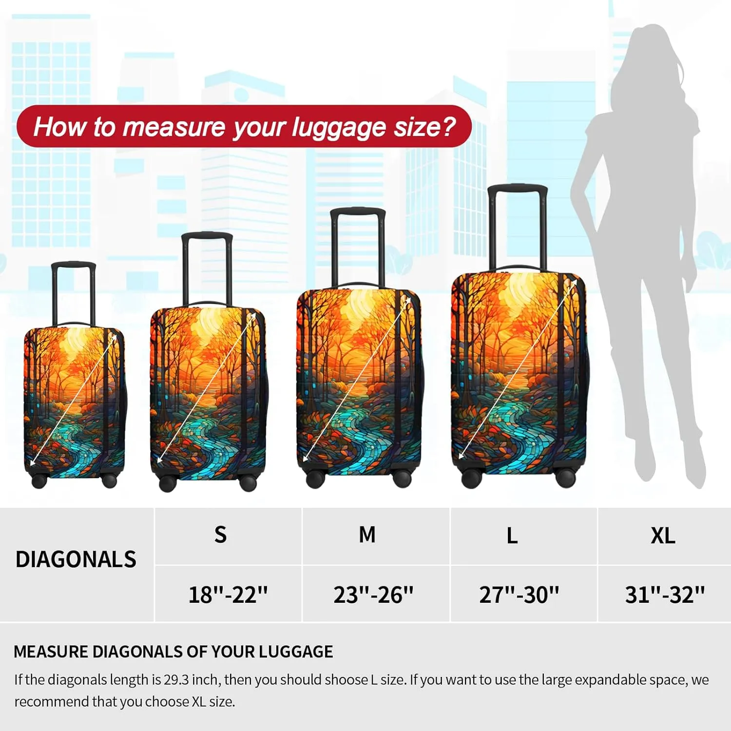 FIRST WAY Luggage Cover Protector - Anti-Scratch Suitcase Cover for Travel - Protects Against Dirt and Wear, Fits 18"-22" Luggage Stained Glass Fall