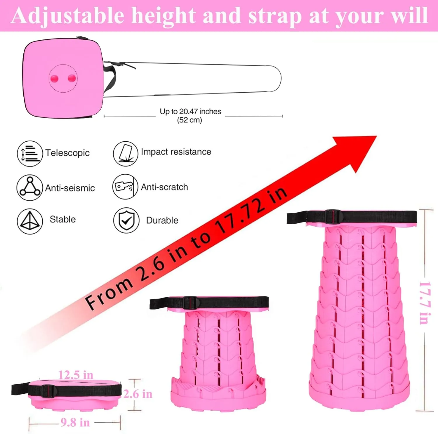 Fishboy Upgraded Square Collapsible Stool, 400lbs Max Weight, Lightweight But Sturdy, Portable Retractable Folding Telescoping Foldable Camping Stool for Adults Outdoor Fishing Hiking Travel BBQ