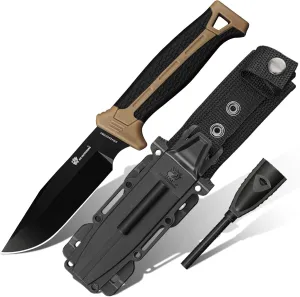 Fixed Blade Bushcraft Knife with Fire Starter, D2 Steel Camping Knife with Kydex Sheath for Outdoor, Hiking, Backpacking (Brown)