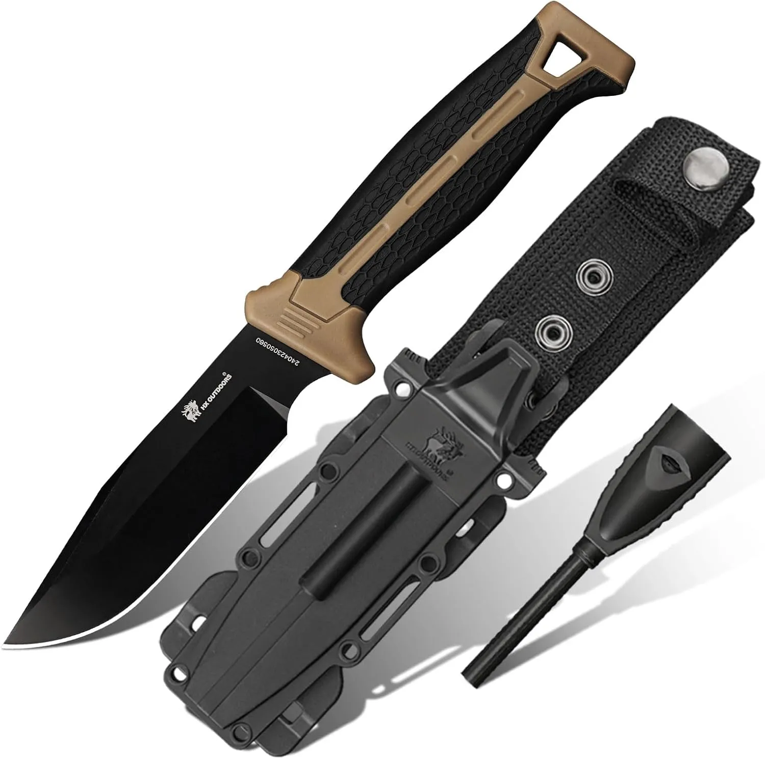 Fixed Blade Bushcraft Knife with Fire Starter, D2 Steel Camping Knife with Kydex Sheath for Outdoor, Hiking, Backpacking (Brown)