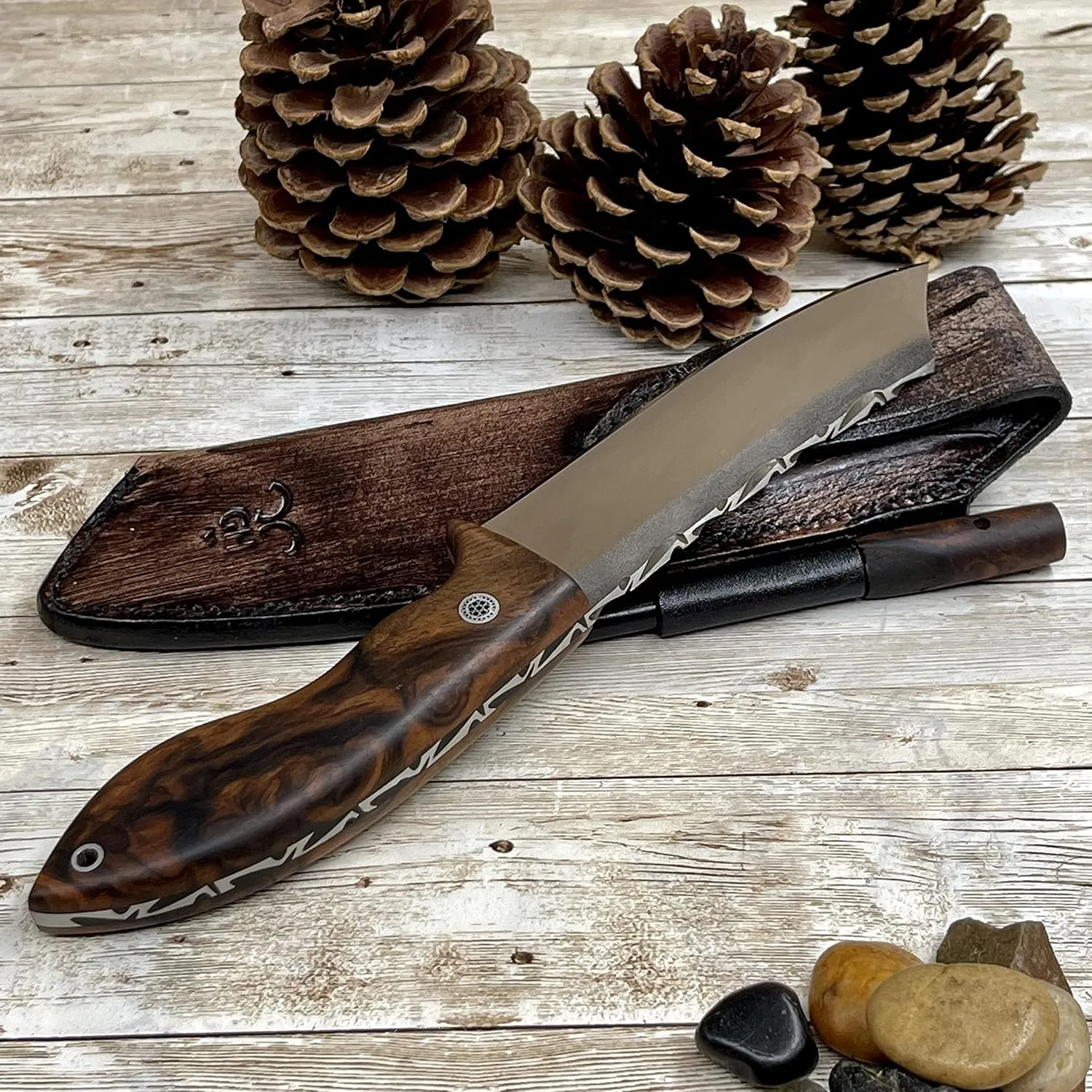 Fixed Blade Camping Knife, Kilimanjaro Handmade Bushcraft Knife, Full Tang Walnut Wood Handle, N690 Blade Survival Knife with Sheath and Magnesium Fire Starter