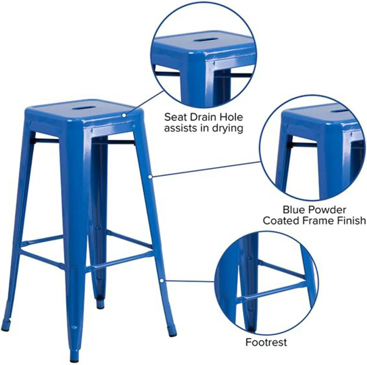 Flash Furniture Commercial Grade 30" High Backless Blue Metal Indoor-Outdoor Barstool with Square Seat