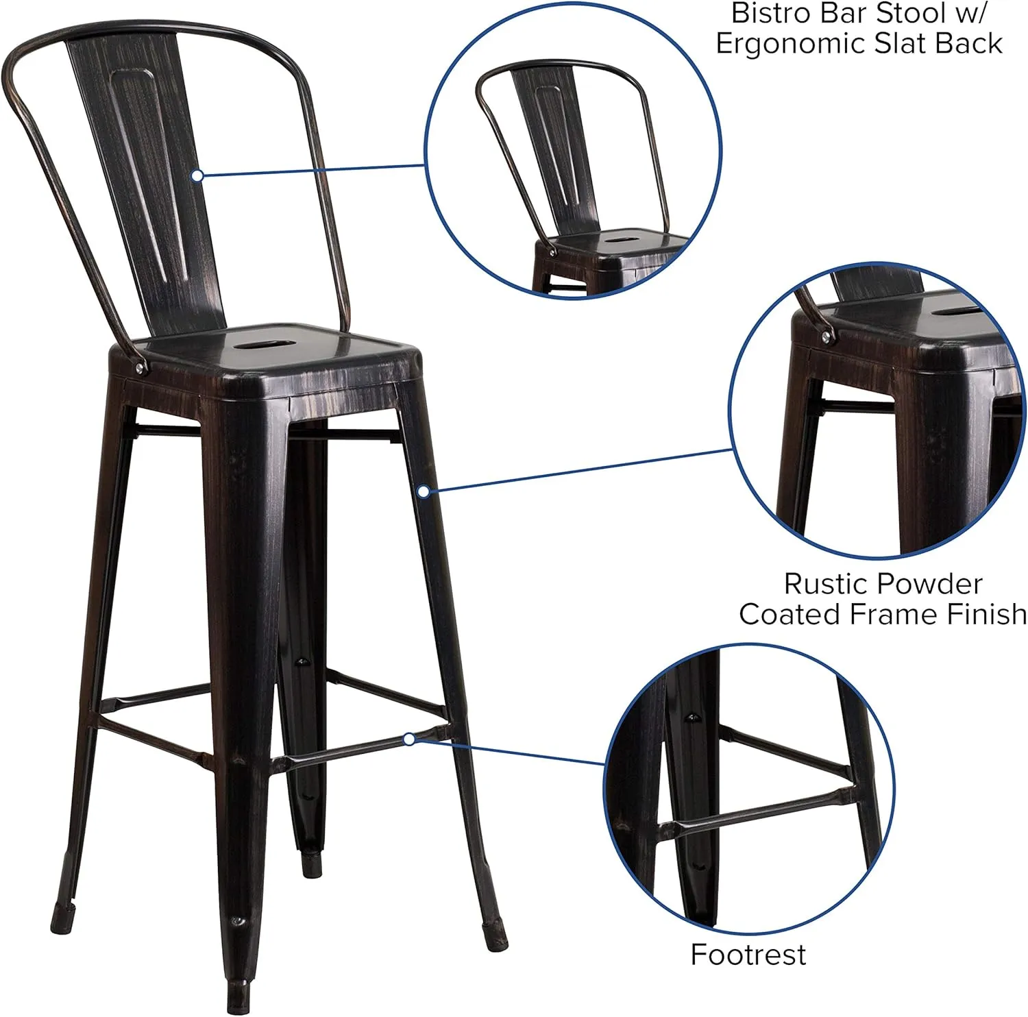 Flash Furniture Commercial Grade 30" High Black-Antique Gold Metal Indoor-Outdoor Barstool with Removable Back