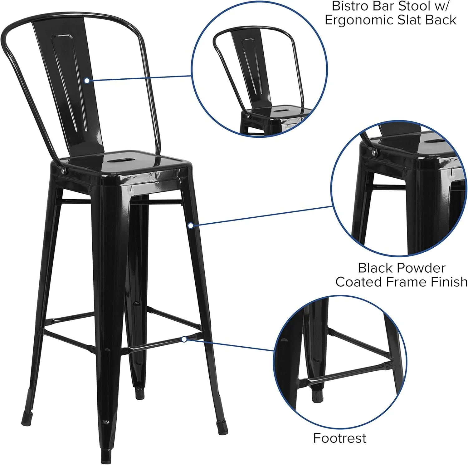 Flash Furniture Commercial Grade 30" High Black Metal Indoor-Outdoor Barstool with Removable Back