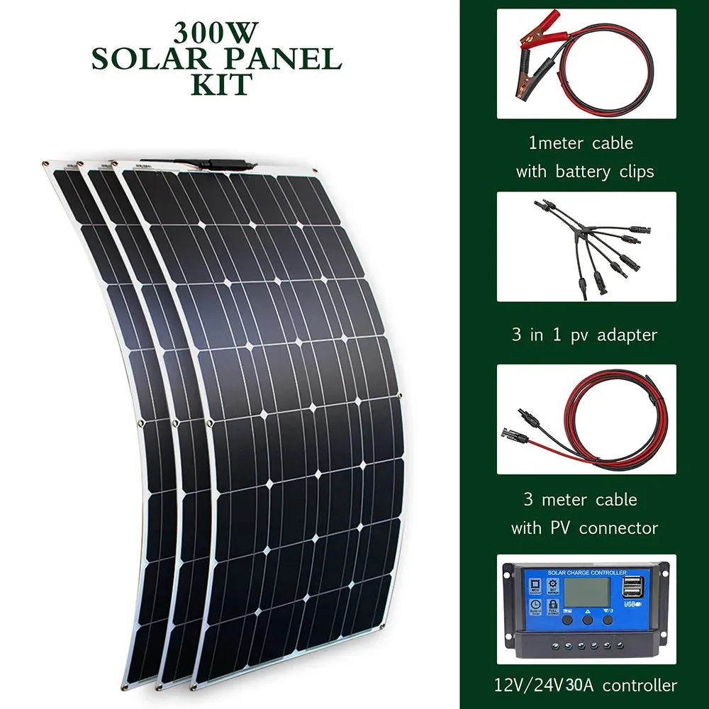 Flexible Solar Panel Kit (100W, 200W, 300W) - High-Efficiency 12V/24V Battery Charger