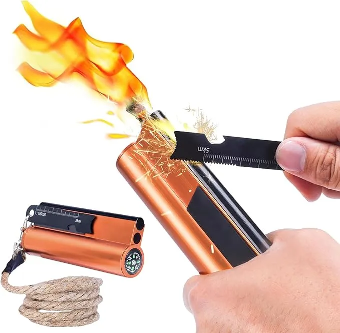 Flint and Steel Fire Starter Kit 7-in-1 XXL XL Ferro Rod Fire Steel Bushcraft Equipment, Portable Survival Magnesium Kit with 36" Waterproof Wick Rope,Multi Tool Scraper, Compass for Camping Hiking
