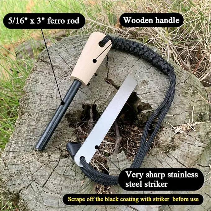 Flint and Steel Fire Starter Kit, OTXEER Ferro Rods Magnesium Fire Starter Survival Tool Camping Emergency Fire Lightning Striker, Tinder Wick Rope, Multifunctional Outdoor Bag Hook