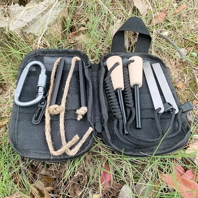 Flint and Steel Fire Starter Kit, OTXEER Ferro Rods Magnesium Fire Starter Survival Tool Camping Emergency Fire Lightning Striker, Tinder Wick Rope, Multifunctional Outdoor Bag Hook
