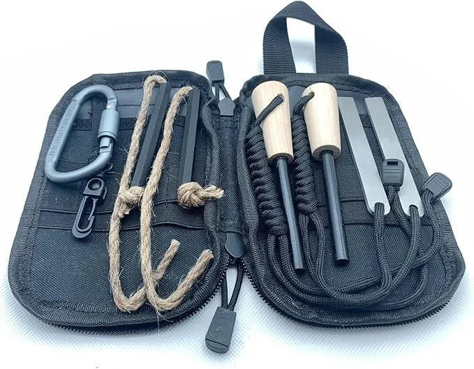Flint and Steel Fire Starter Kit, OTXEER Ferro Rods Magnesium Fire Starter Survival Tool Camping Emergency Fire Lightning Striker, Tinder Wick Rope, Multifunctional Outdoor Bag Hook