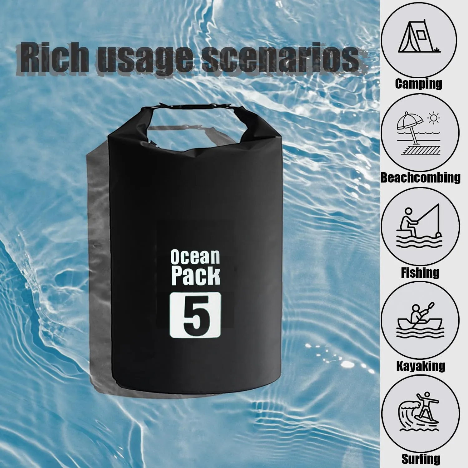 Floating Waterproof Dry Bag 5L/10L/15L/20L, Roll Top Sack for Kayaking, Swimming, Camping, Hiking, Beach, Fishing, Diving Heavy Duty Straps (Multiple Colors Available) (BLACK, 20L)