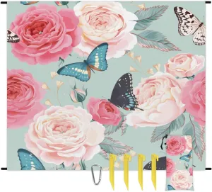 Floral Flower Butterfly Beach Blanket Adults Waterproof Sandproof Large Beach Mat 59”x 68” Compact Lightweight Picnic Blankets Portable Quick Drying Sand Free Mats for Travel Camping Hiking