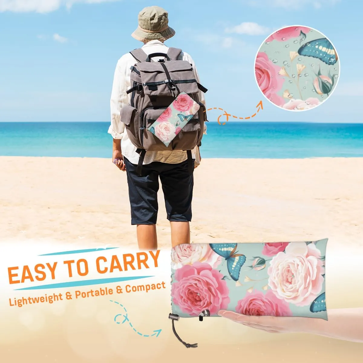 Floral Flower Butterfly Beach Blanket Adults Waterproof Sandproof Large Beach Mat 59”x 68” Compact Lightweight Picnic Blankets Portable Quick Drying Sand Free Mats for Travel Camping Hiking