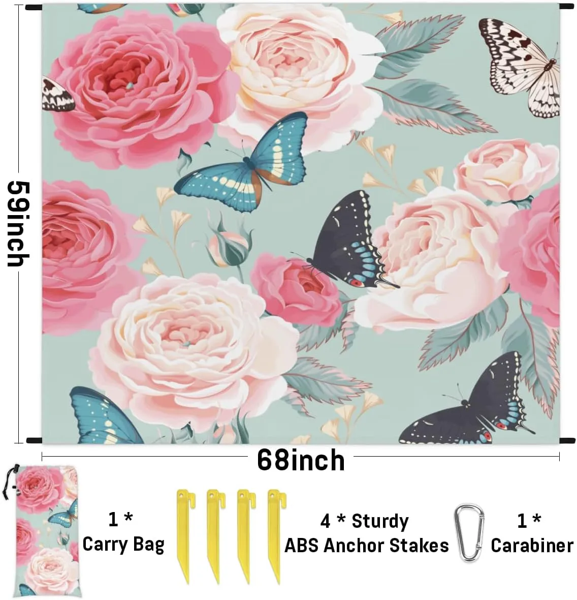 Floral Flower Butterfly Beach Blanket Adults Waterproof Sandproof Large Beach Mat 59”x 68” Compact Lightweight Picnic Blankets Portable Quick Drying Sand Free Mats for Travel Camping Hiking