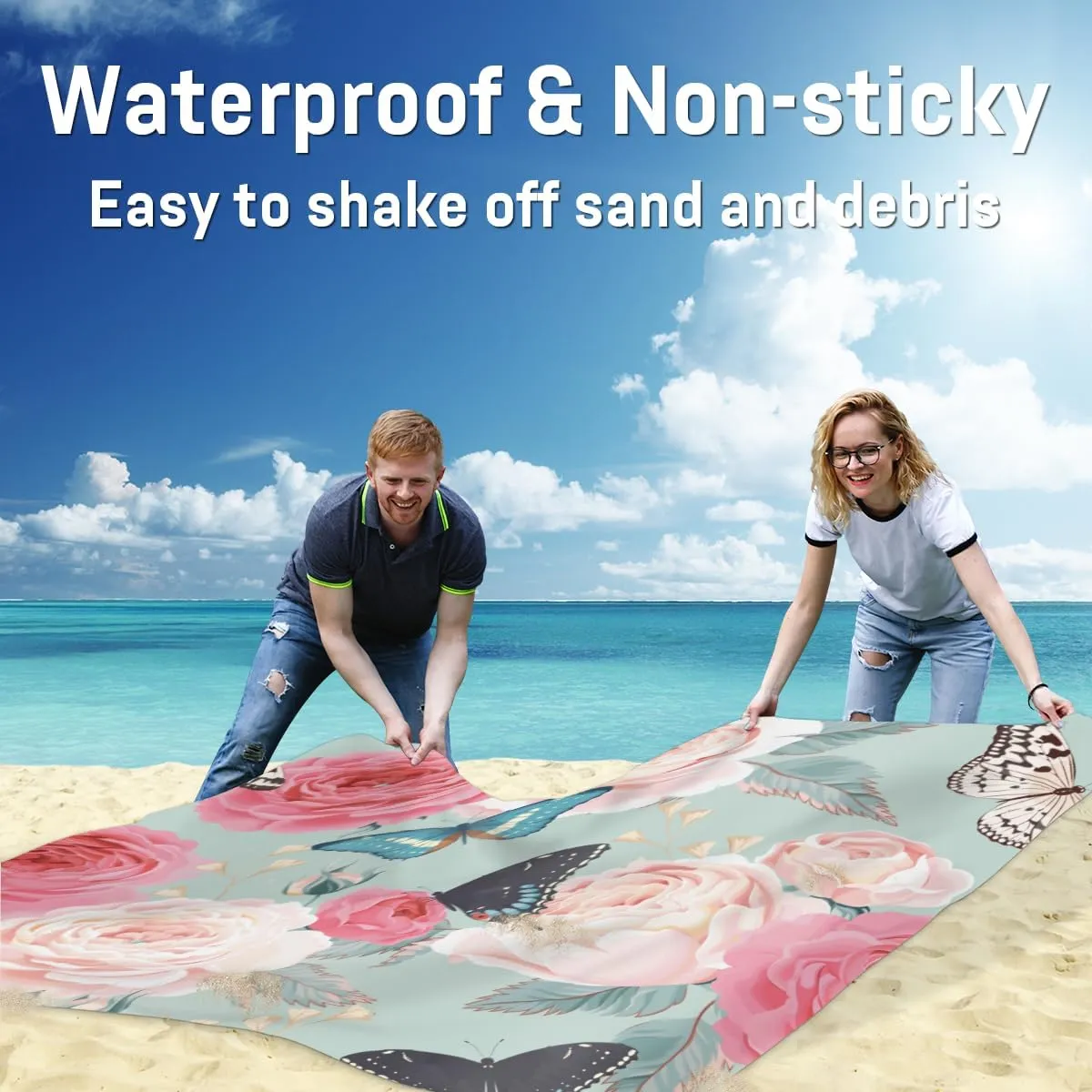 Floral Flower Butterfly Beach Blanket Adults Waterproof Sandproof Large Beach Mat 59”x 68” Compact Lightweight Picnic Blankets Portable Quick Drying Sand Free Mats for Travel Camping Hiking