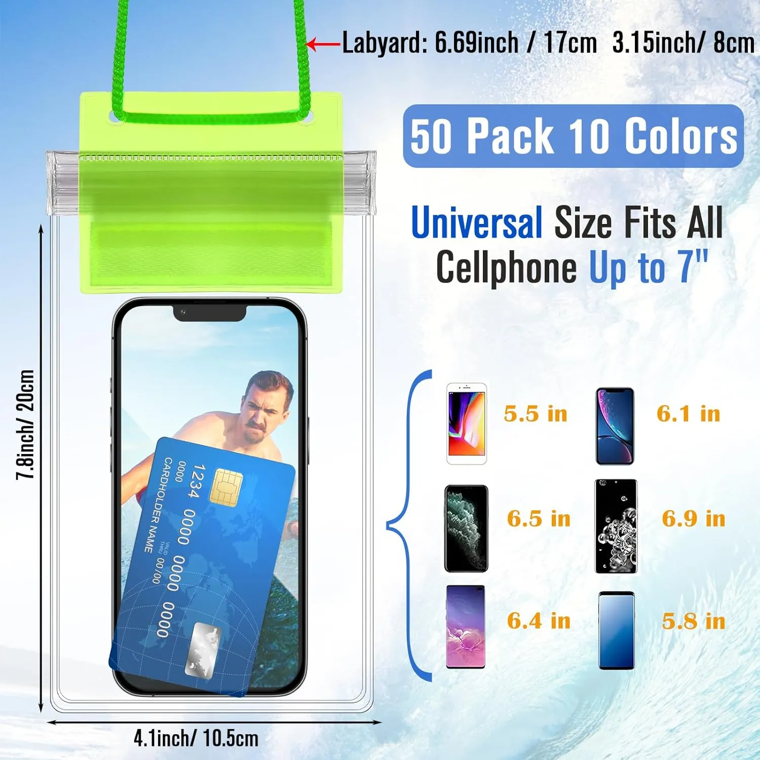 Flutesan 50 Pack Clear Waterproof Phone Pouch Universal Waterproof Phone Case Waterproof Pouch Dry Bag with Lanyard for Water Games Protect (Colorful)