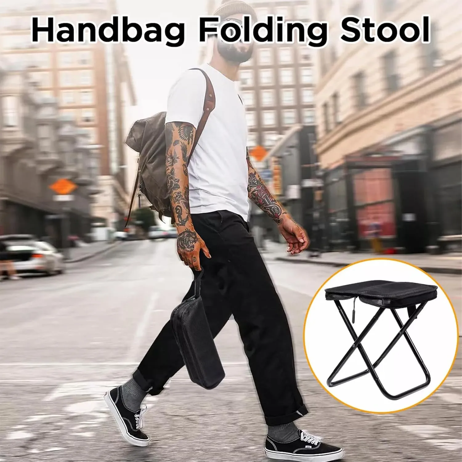 Foldable Backpack Stool, Outdoor Foldable Camping Stool Hiking Fishing Chair, Carbon Steel Backpacking Stools with Zippered Carry Bag for Hiking, Fishing, Camping, and Travel (Khaki)