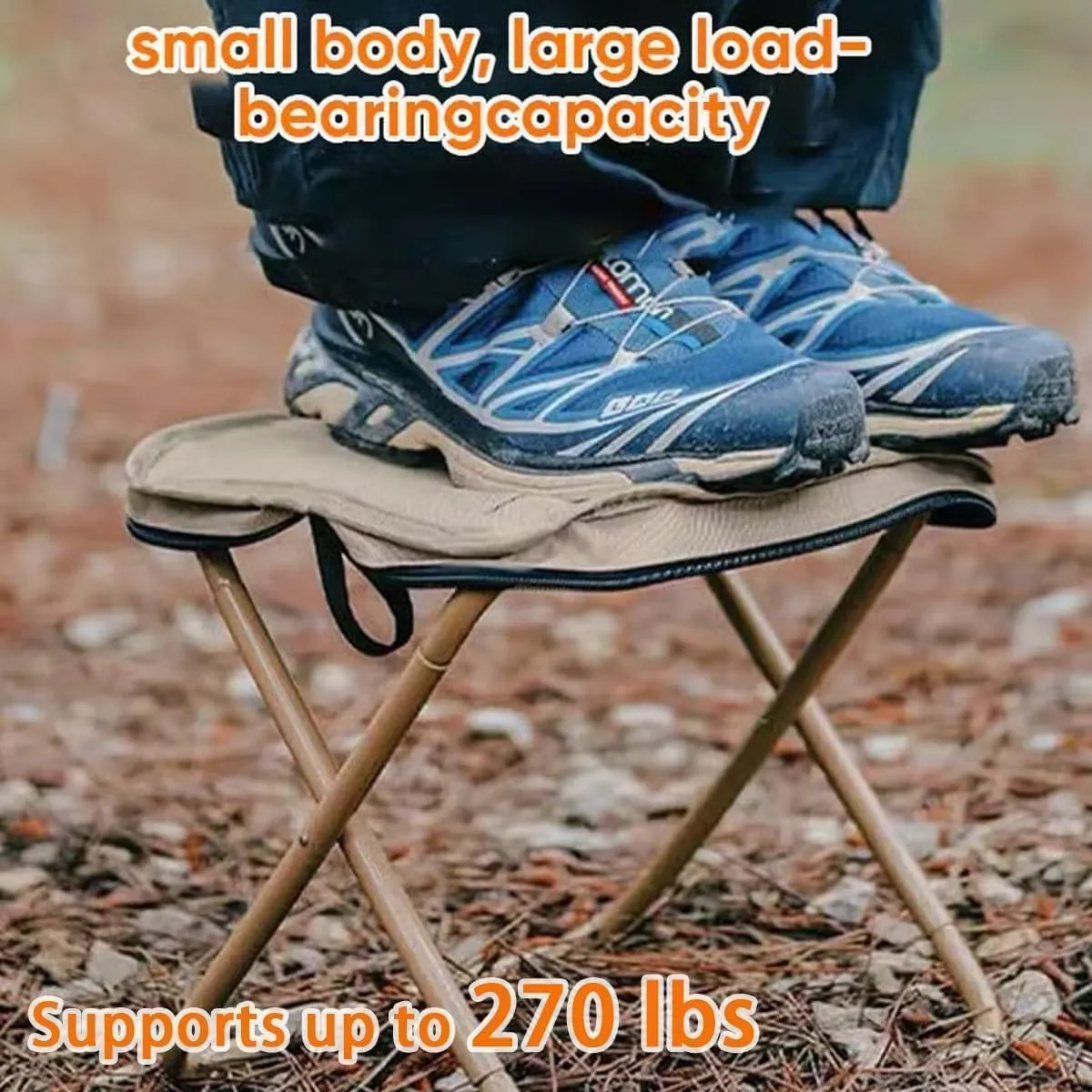 Foldable Backpack Stool, Portable Mini Outdoor Camping Folding Seat with Adjustable Shoulder Strap, Mini Camping Collapsible Stool for Camping, Fishing, Hiking (Khaki, Large)
