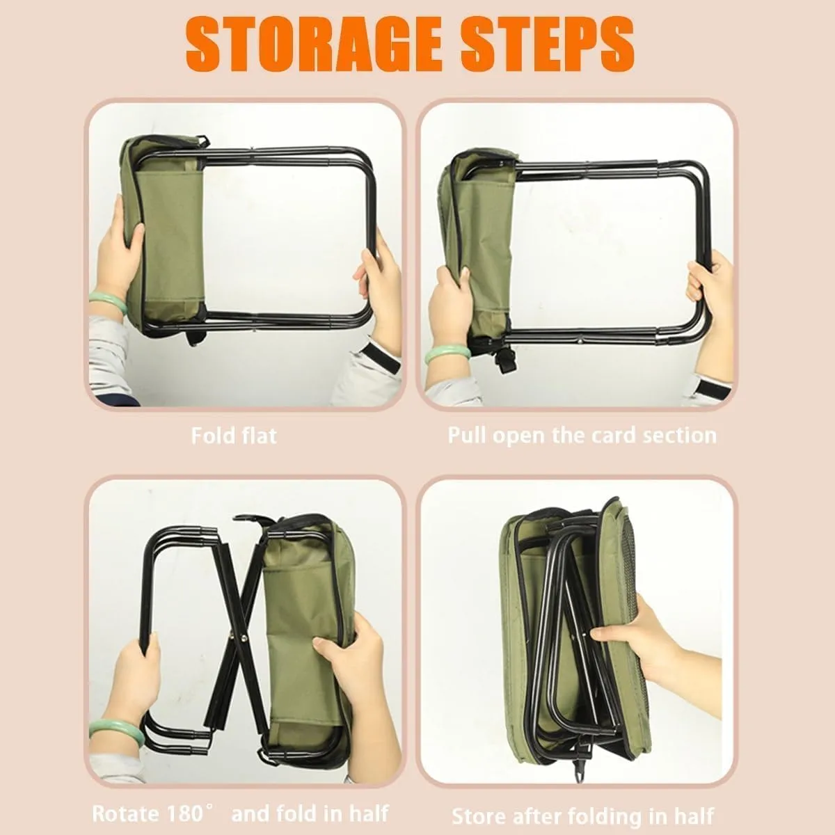 Foldable Backpack Stool, Portable Mini Outdoor Camping Folding Seat with Adjustable Shoulder Strap, Mini Camping Collapsible Stool for Camping, Fishing, Hiking (Khaki, Large)