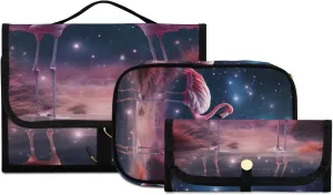 Foldable Hanging Travel Toiletry Organizer Set 3-Piece with Cosmetic Bag & Brush Holder - Flamingo under The Starry Sky