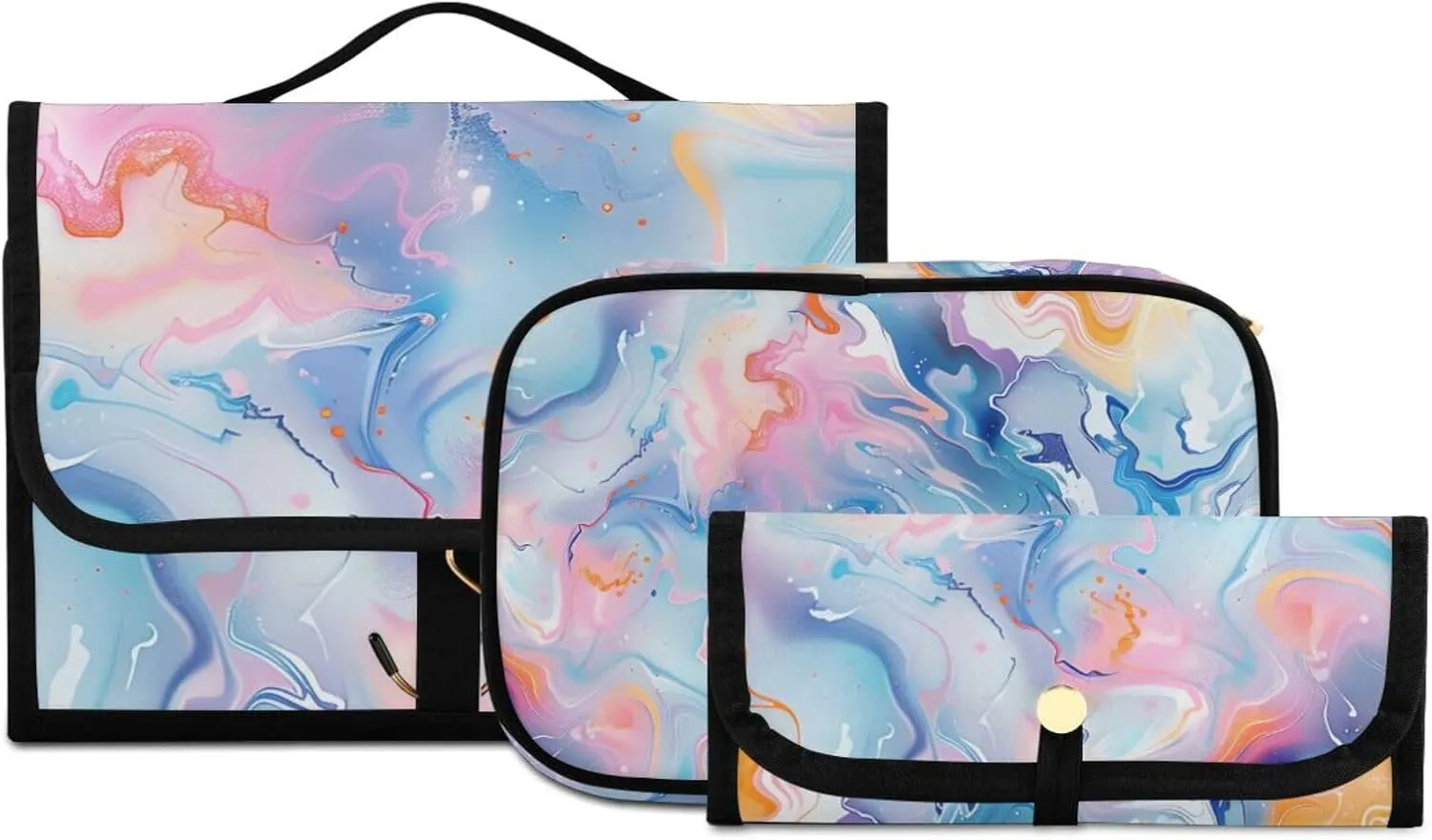 Foldable Hanging Travel Toiletry Organizer Set 3-Piece with Cosmetic Bag & Brush Holder - Marble (15)