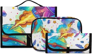 Foldable Hanging Travel Toiletry Organizer Set 3-Piece with Cosmetic Bag & Brush Holder - Universe Starry Sky Rocket (3)