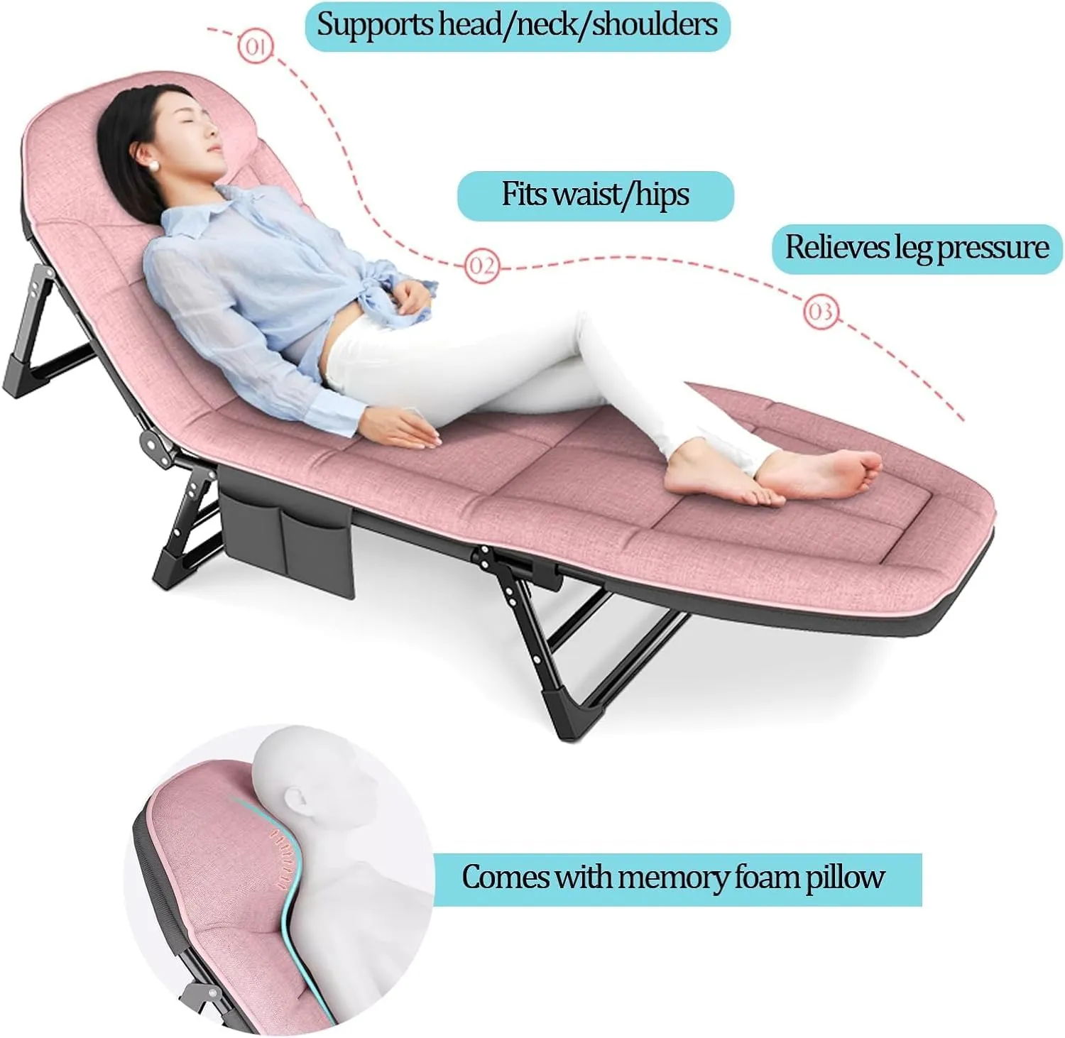 Folding Camping Bed 5-Gear Adjustable Camping Cot Lounge Chair Camping Cots for Adults Cotton Load 250lbs Cots for Camping