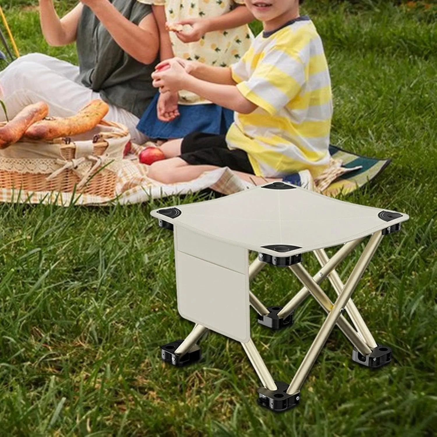 Folding Camping Stool Footstool Multipurpose with Side Pocket Small Foldable Chair for Park Outdoor Camping Travel Picnic, White, 28cmx28cmx23cm