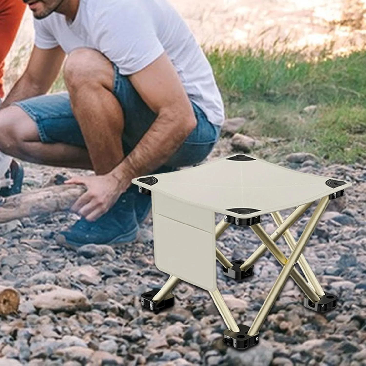 Folding Camping Stool Footstool Multipurpose with Side Pocket Small Foldable Chair for Park Outdoor Camping Travel Picnic, White, 28cmx28cmx23cm