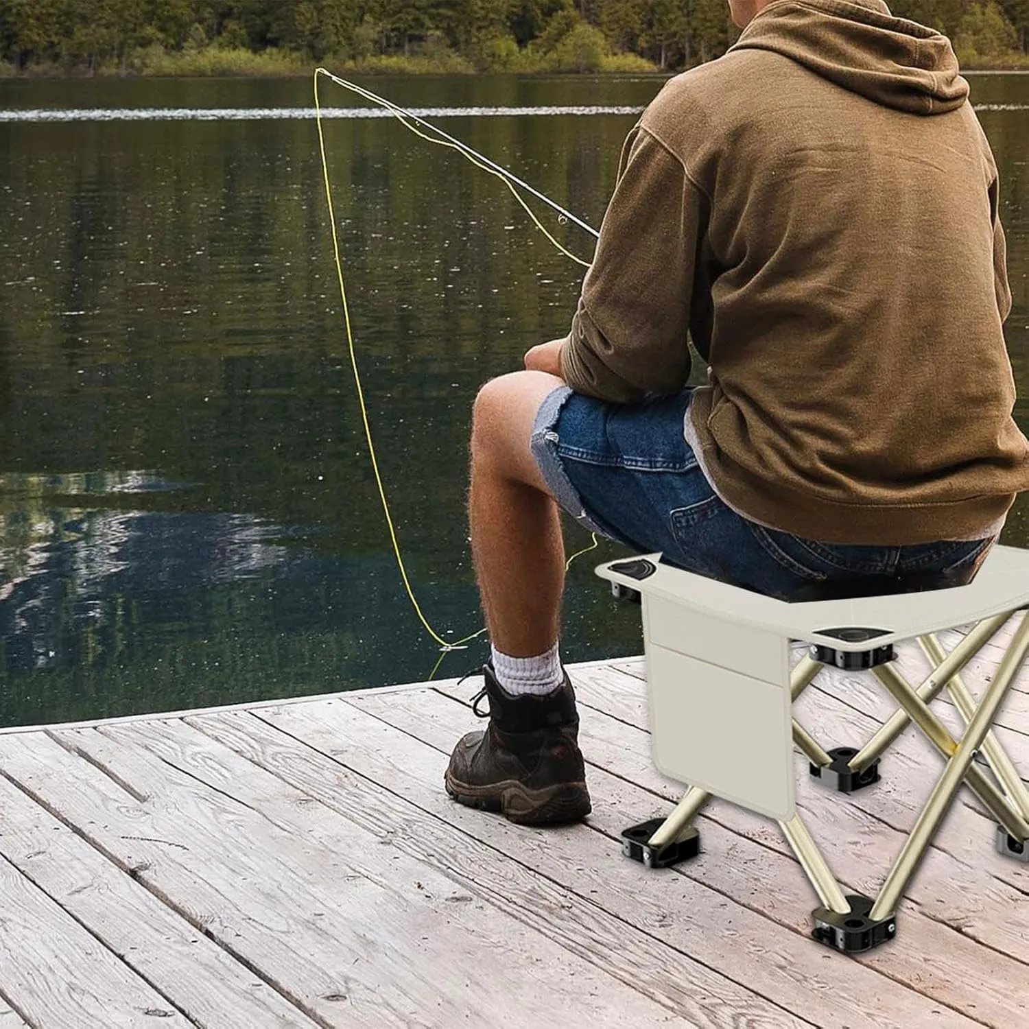 Folding Camping Stool Footstool Multipurpose with Side Pocket Small Foldable Chair for Park Outdoor Camping Travel Picnic, White, 28cmx28cmx23cm