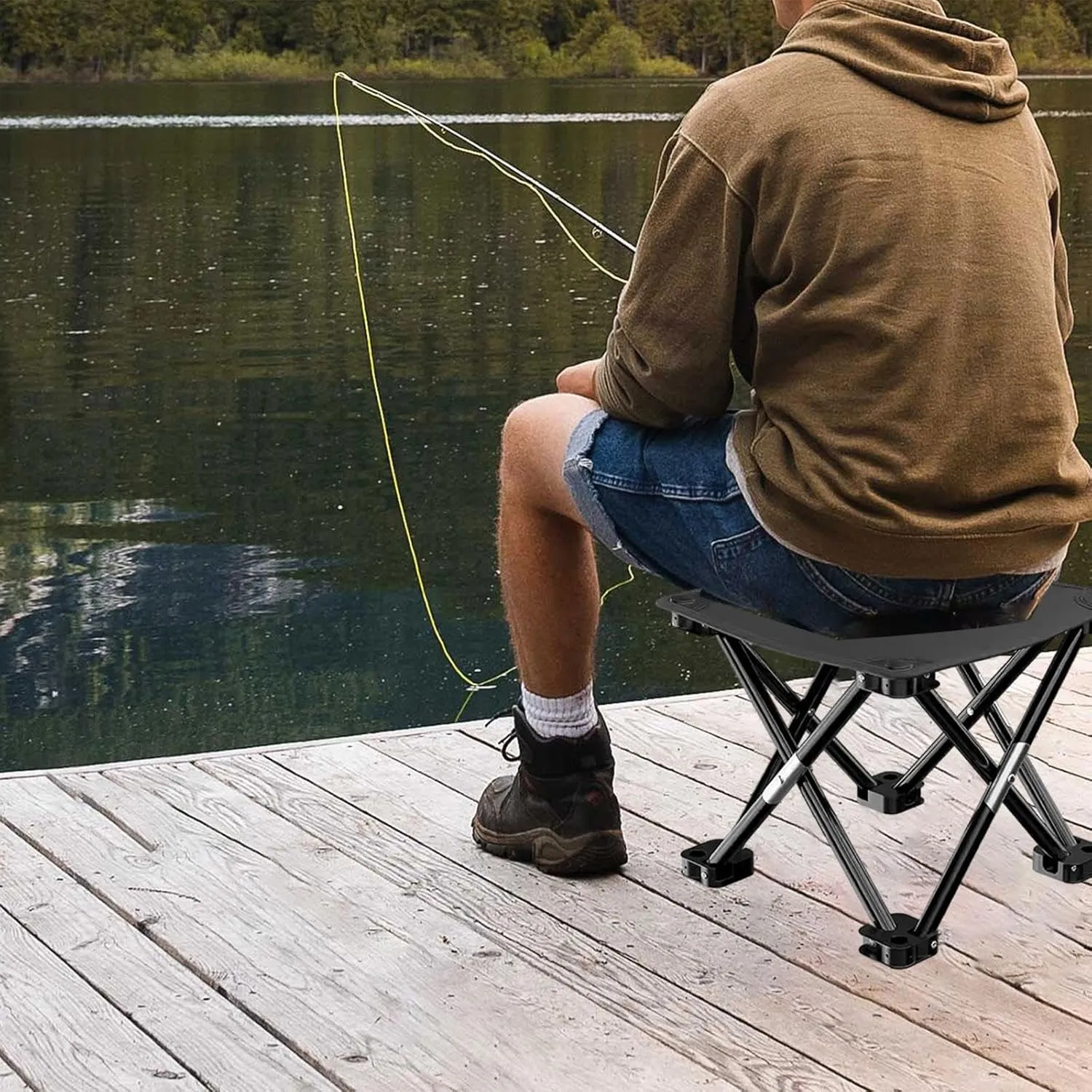 Folding Camping Stool Recliner Foot Rest Compact Practical Small Foldable Chair with Side Pocket for Walking Picnic Garden, Black, 33cmx33cmx32cm