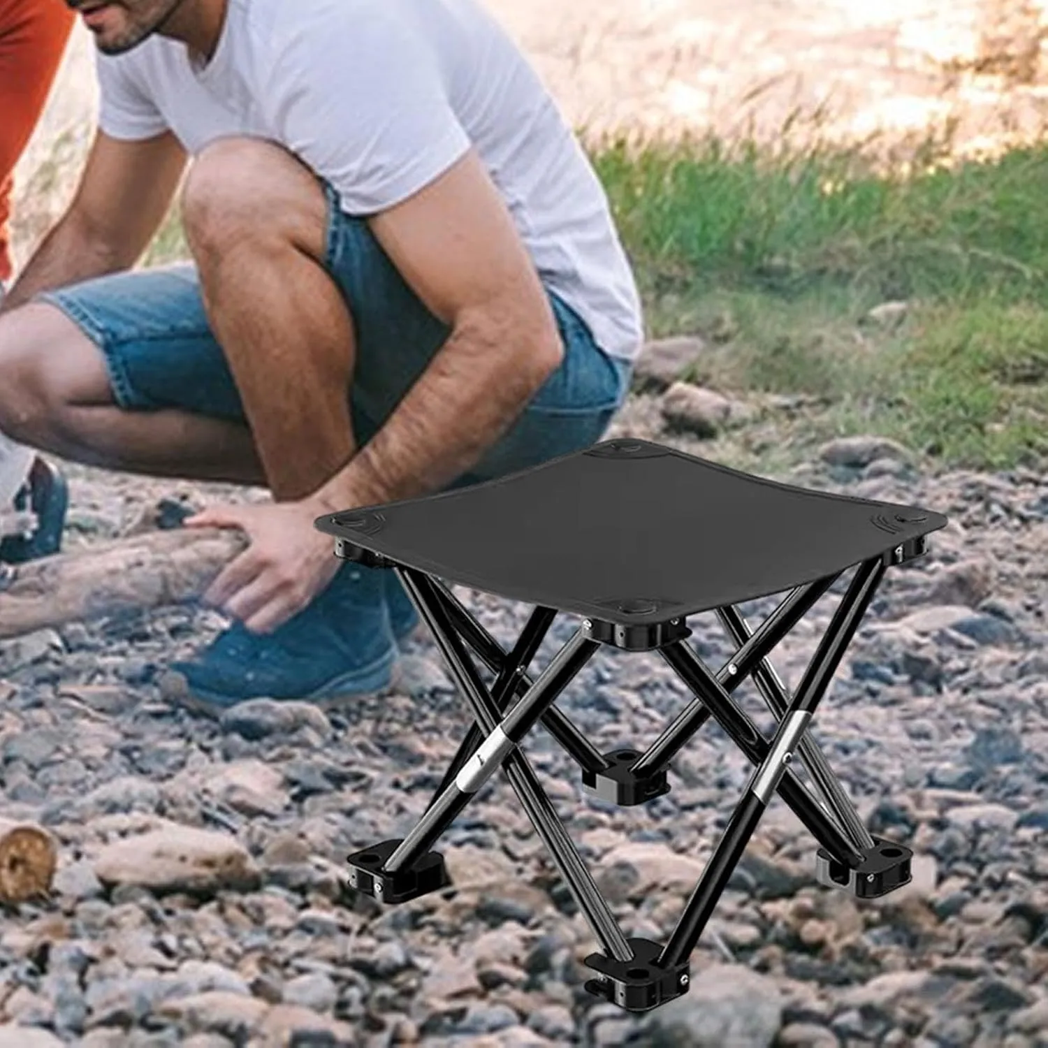 Folding Camping Stool Recliner Foot Rest Compact Practical Small Foldable Chair with Side Pocket for Walking Picnic Garden, Black, 33cmx33cmx32cm