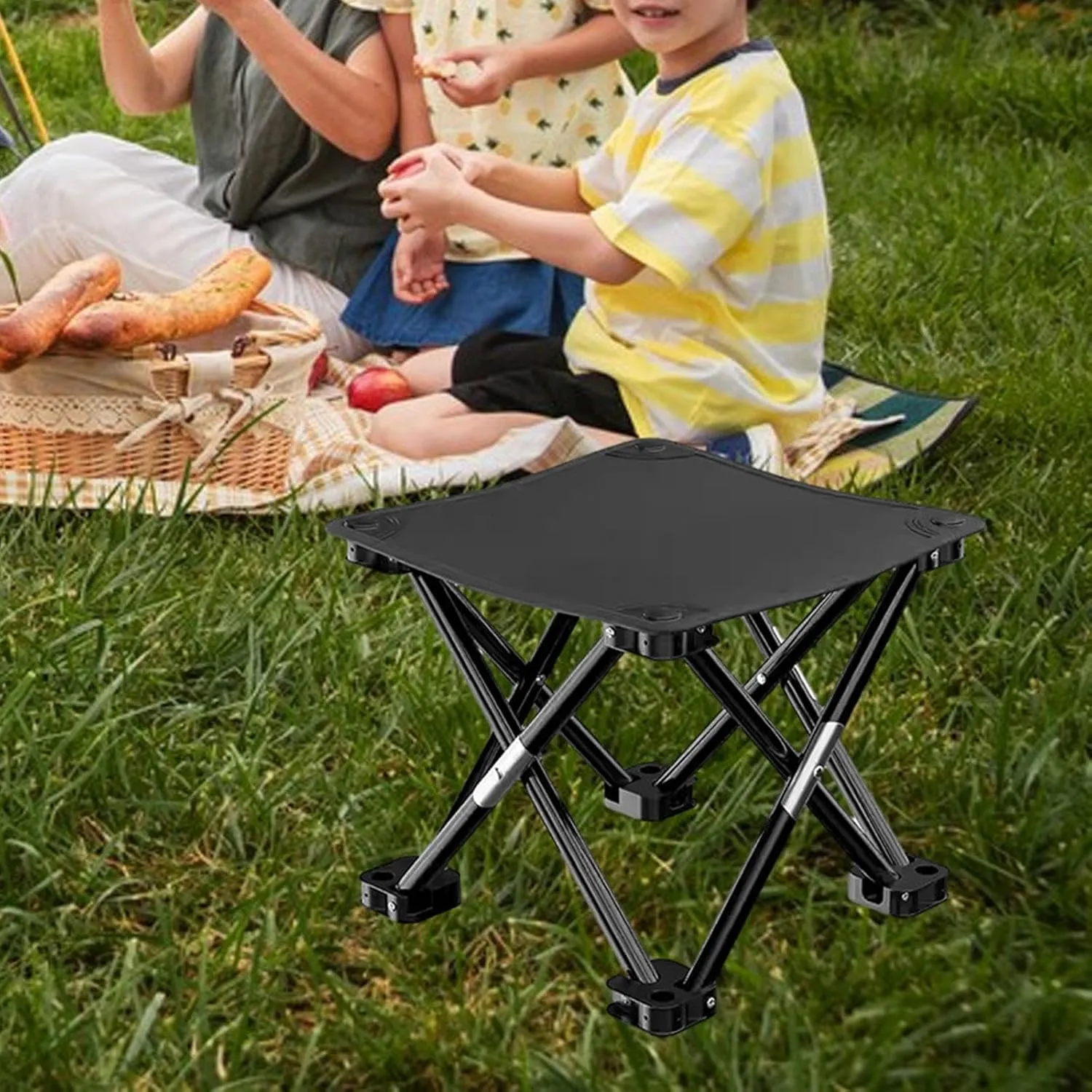Folding Camping Stool Recliner Foot Rest Compact Practical Small Foldable Chair with Side Pocket for Walking Picnic Garden, Black, 33cmx33cmx32cm