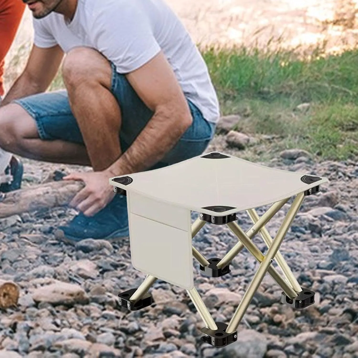 Folding Camping Stool Recliner Foot Rest Compact Practical Small Foldable Chair with Side Pocket for Walking Picnic Garden, White, 33cmx33cmx32cm