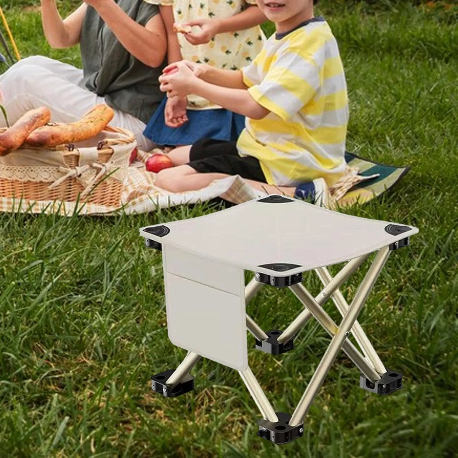 Folding Camping Stool Recliner Foot Rest Compact Practical Small Foldable Chair with Side Pocket for Walking Picnic Garden, White, 33cmx33cmx32cm
