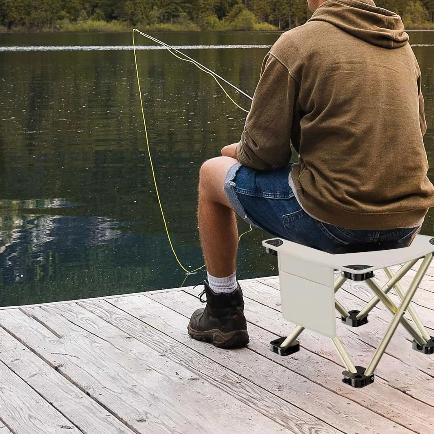 Folding Camping Stool Recliner Foot Rest Compact Practical Small Foldable Chair with Side Pocket for Walking Picnic Garden, White, 33cmx33cmx32cm