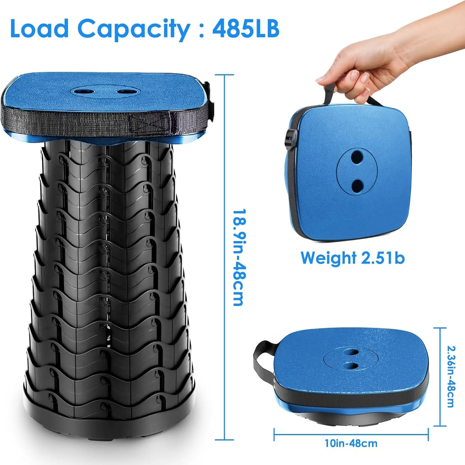 Folding Camping Stool, Square Collapsible Portable Stool,Collapsible Stool with Elastic Seat Cushion& Adjustable Nylon Bag, Sturdy Lightweight Telescoping Foldable Stool,Max Load 485lb (blue)