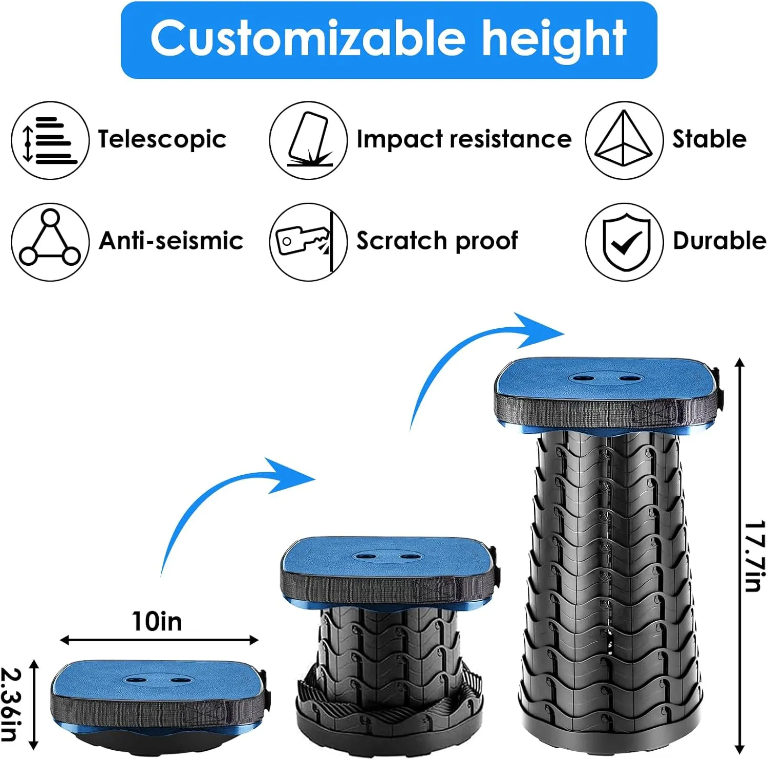 Folding Camping Stool, Square Collapsible Portable Stool,Collapsible Stool with Elastic Seat Cushion& Adjustable Nylon Bag, Sturdy Lightweight Telescoping Foldable Stool,Max Load 485lb (blue)