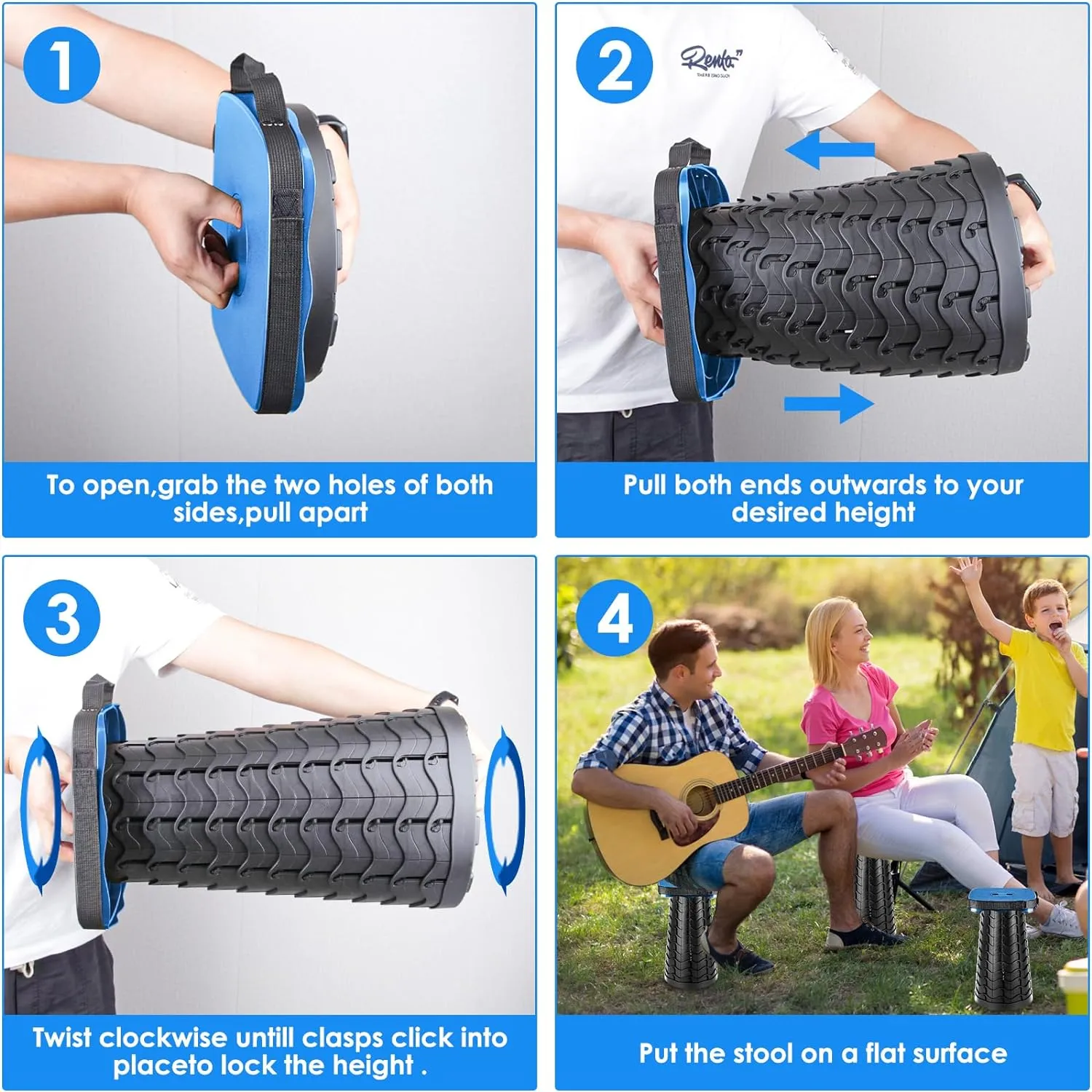 Folding Camping Stool, Square Collapsible Portable Stool,Collapsible Stool with Elastic Seat Cushion& Adjustable Nylon Bag, Sturdy Lightweight Telescoping Foldable Stool,Max Load 485lb (blue)