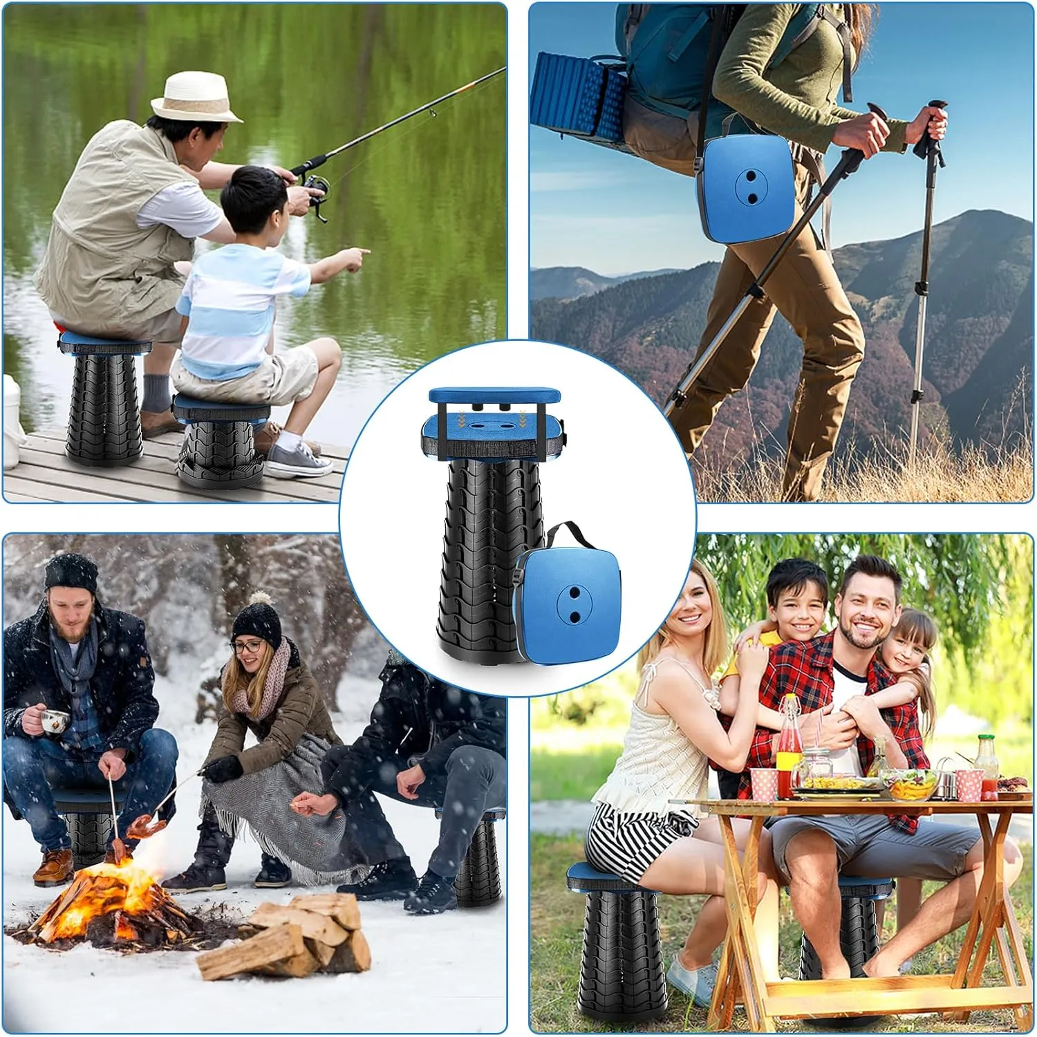 Folding Camping Stool, Square Collapsible Portable Stool,Collapsible Stool with Elastic Seat Cushion& Adjustable Nylon Bag, Sturdy Lightweight Telescoping Foldable Stool,Max Load 485lb (blue)