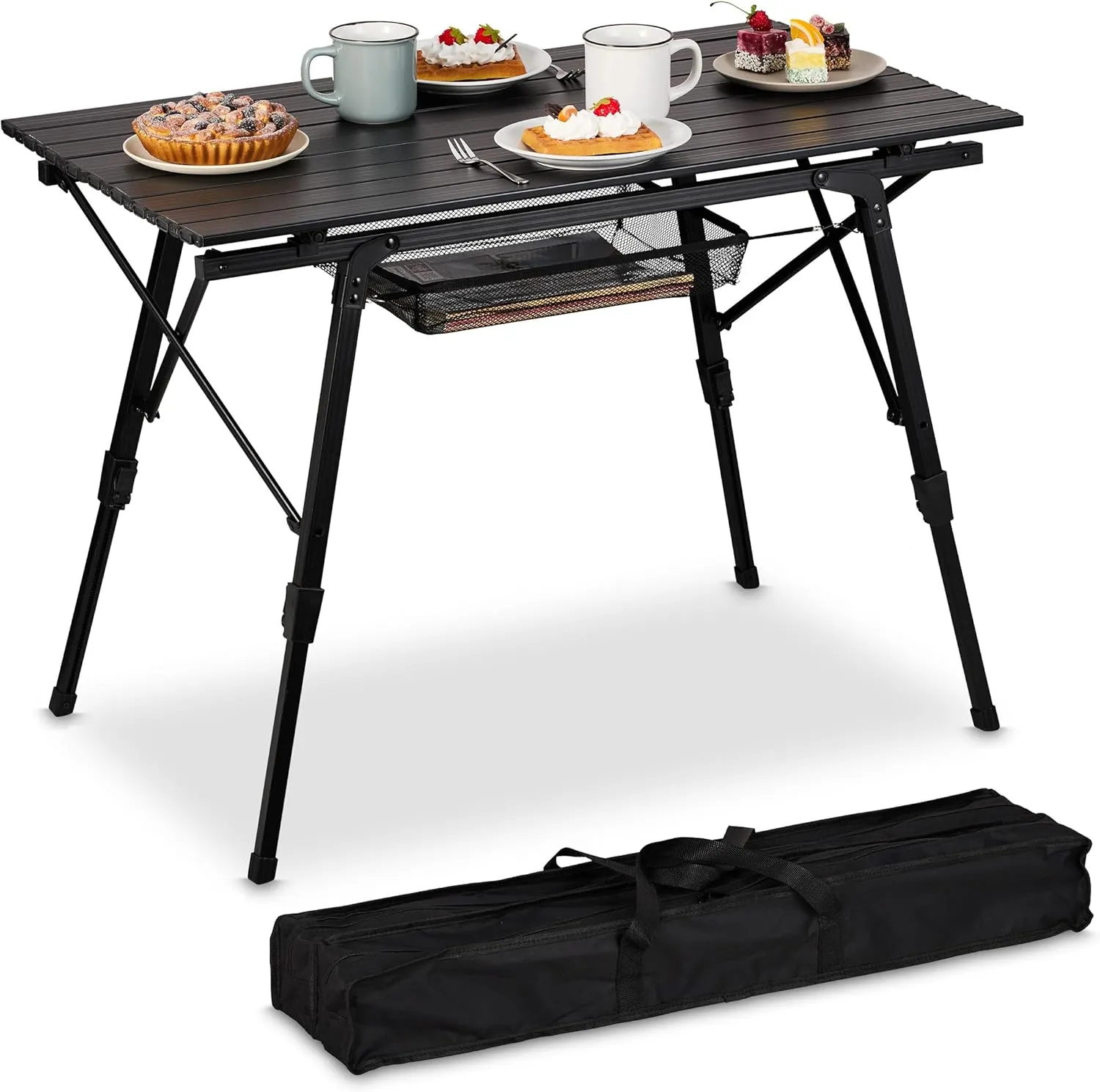 Folding Camping Table, Height-Adjustable, Aluminium, Foldable Aluminium Multifunctional Table, Black