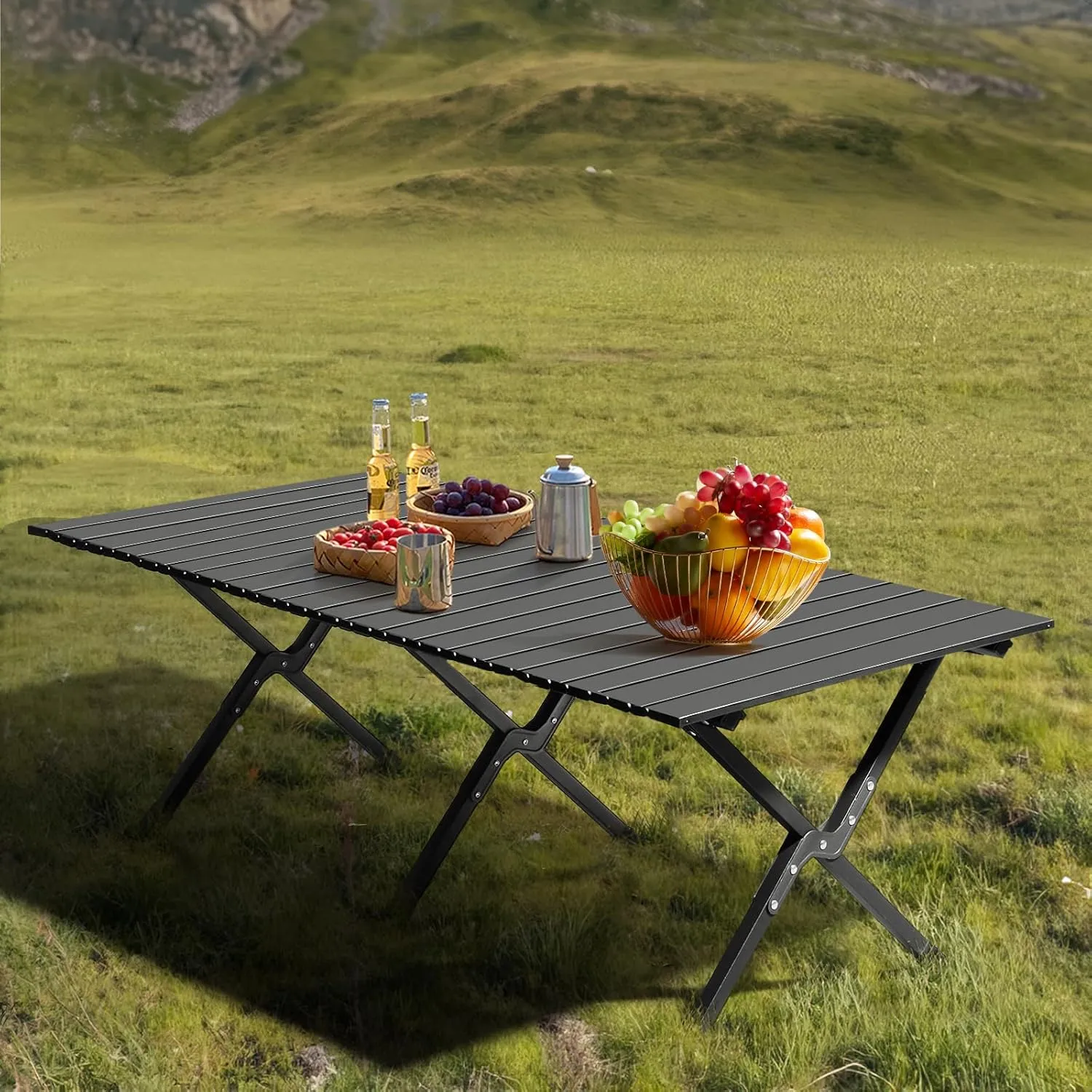 Folding Portable Camping Table Picnic Black Table for 4-6 People,Lightweight Roll up Side Tables Outdoor Backpacking Tables,Stable & Sturdy,Multi-Purpose for Travel Hiking Gathering BBQ Party,46x24 In