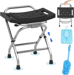 Folding Shower Seat - Stainless Steel Shower Chair for Inside Shower - 420lbs Height Adjustable Foldable Shower Stool - Portable Travel Collapsible Bath Bench for Elderly, Handicap & Disabled - Black