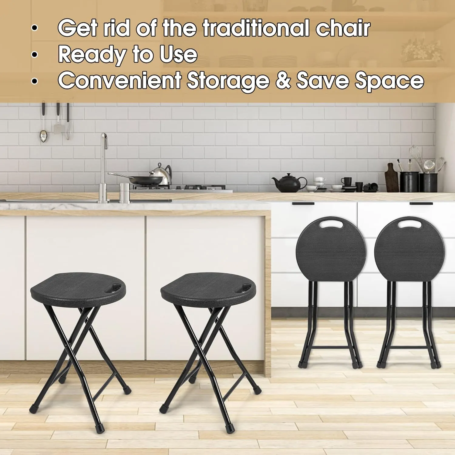 Folding Stool, 550lbs Capacity Foldable Stool with Handle, Portable Stools for Adults Heavy Duty, Folding Chair, 18 inch Collapsible Stool for Meeting Room/Party/Garden/Home (Set of 2, Black)